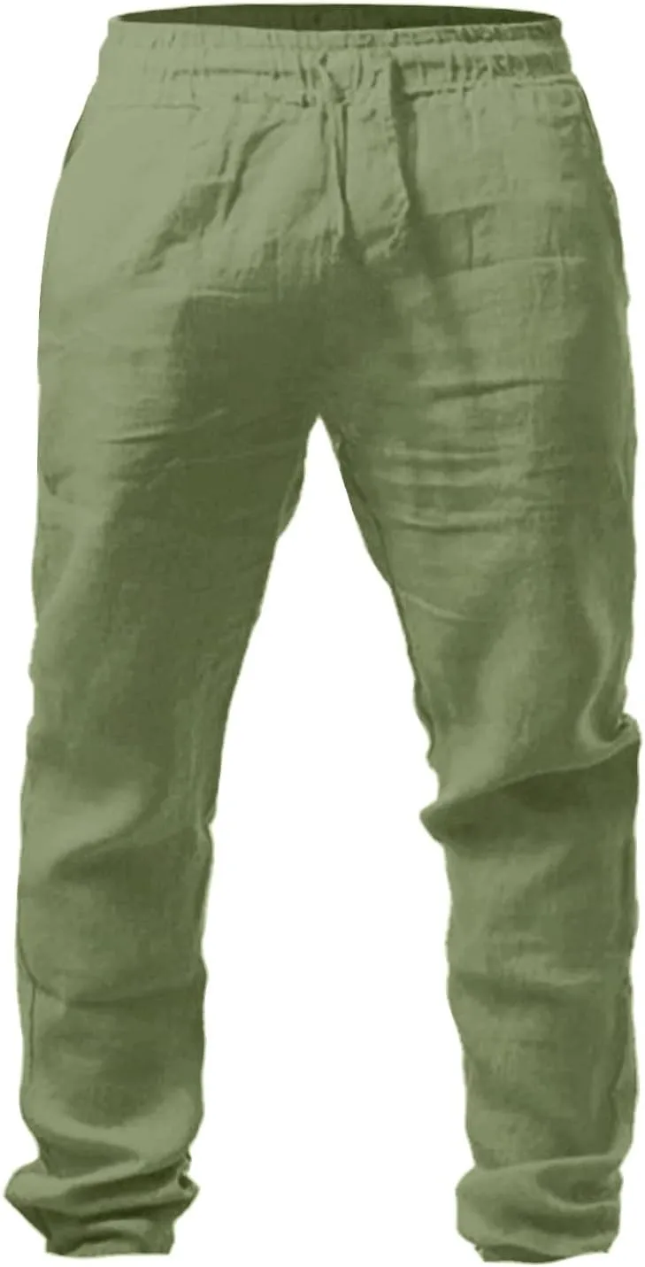 Men's Cotton Linen Pants Casual Drawstring Straight Leg Pleated Workout Pants Relaxed Fit Tapered Trousers