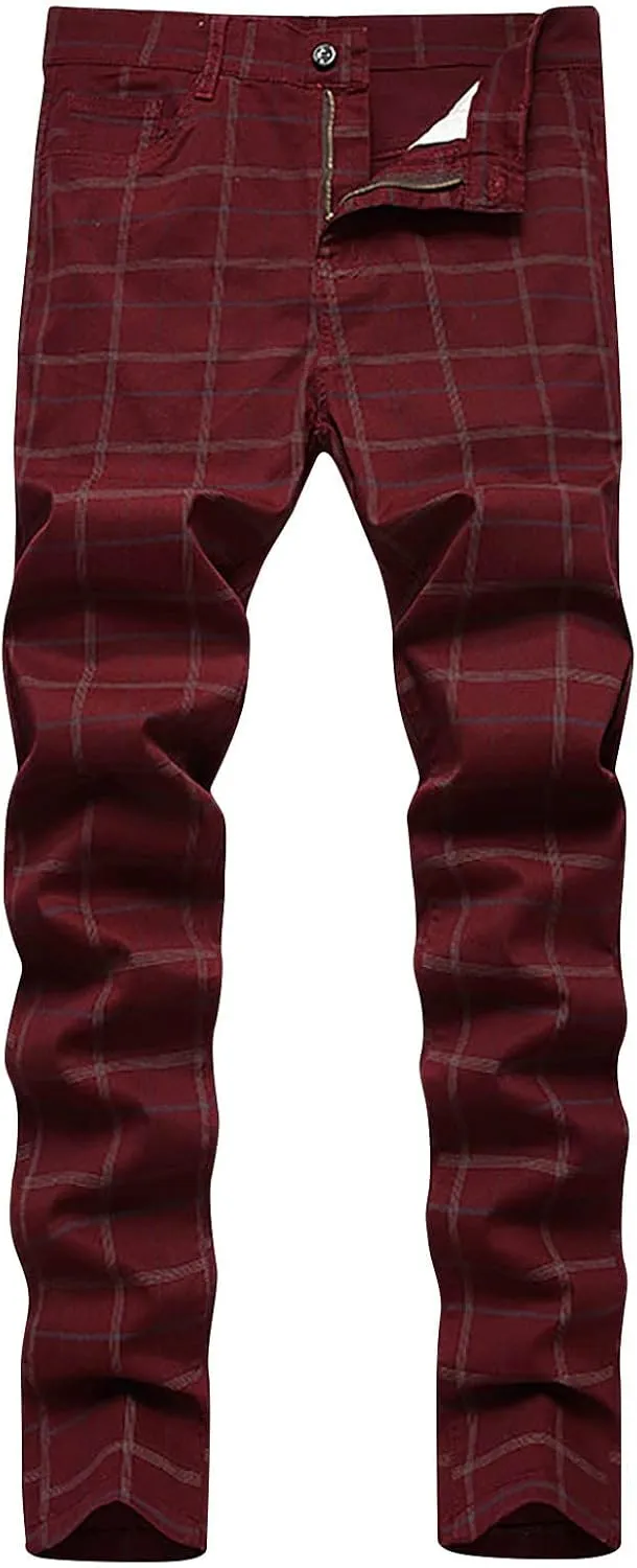 Mens Dress Pants Slim Fit Stretch Striped Plaid Denim Suit Pants Fashion Cotton Slacks Work Jean Straight Legs
