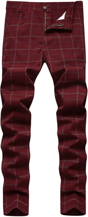 Mens Dress Pants Slim Fit Stretch Striped Plaid Denim Suit Pants Fashion Cotton Slacks Work Jean Straight Legs