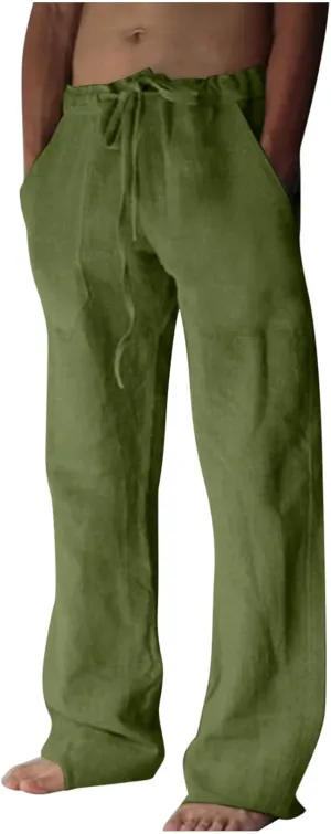 Mens Linen Pants Casual Loose Fit Straight Leg Trousers Lightweight Comfy Pants with Pockets Relaxed Work Suit Pants