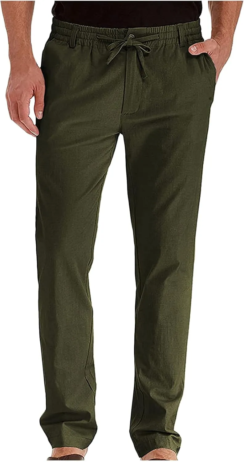 Mens Linen Pants Casual Loose Fit Straight Leg Trousers Lightweight Comfy Pants with Pockets Relaxed Work Suit Pants