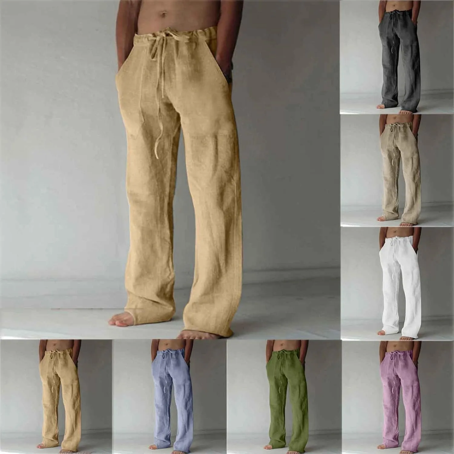 Mens Linen Pants Casual Loose Fit Straight Leg Trousers Lightweight Comfy Pants with Pockets Relaxed Work Suit Pants