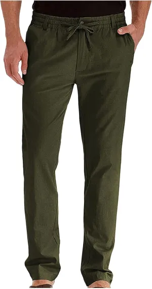 Mens Linen Pants Casual Loose Fit Straight Leg Trousers Lightweight Comfy Pants with Pockets Relaxed Work Suit Pants