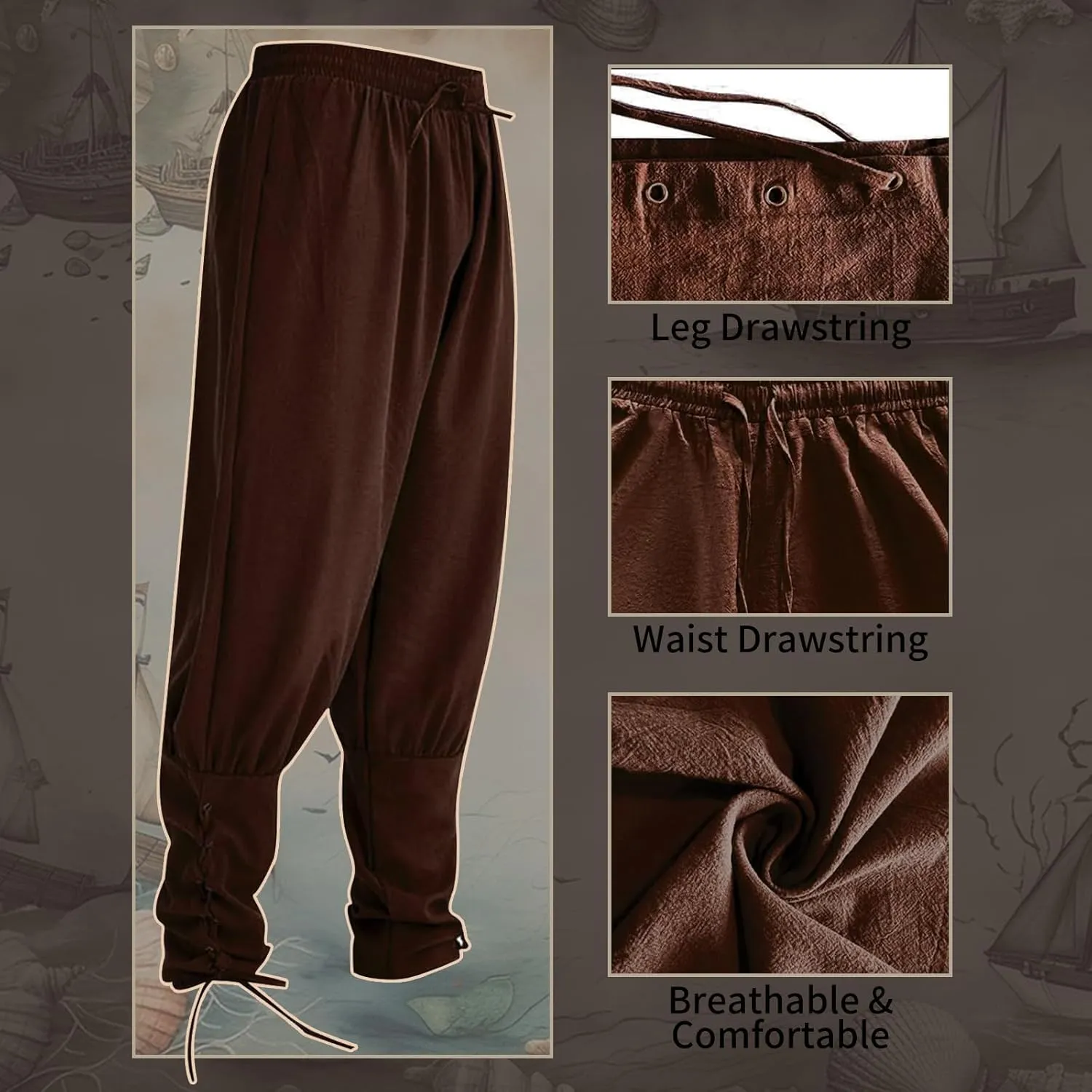 Mens Spring Summer Autumn Ankle Banded Pants Medieval Viking Navigator Trousers Renaissance Pants