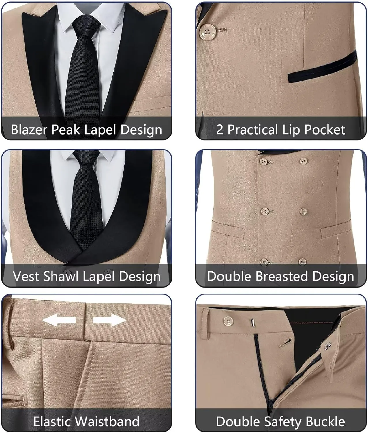 Mens Suit Slim Fit 3 Piece Suit Blazer Vest Pants Sets with Bow Tie Handkercher Brooch for Men for Wedding Prom Party