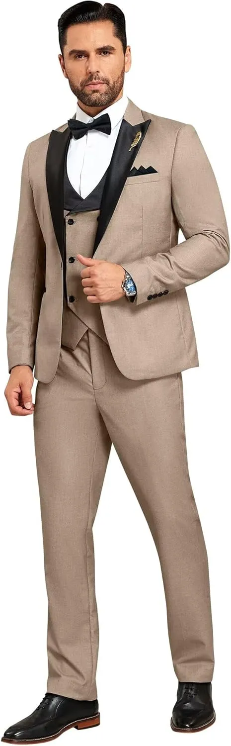 Mens Suit Slim Fit 3 Piece Suit Blazer Vest Pants Sets with Bow Tie Handkercher Brooch for Men for Wedding Prom Party