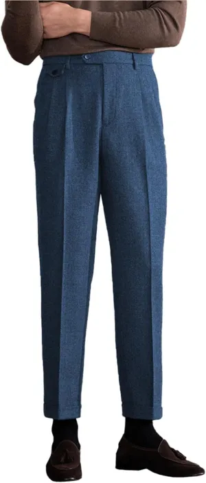 Men's Suit Tweed Pants Vintage Trousers Herringbone Tweed Blend Pleat-Front Dress Suit Pants