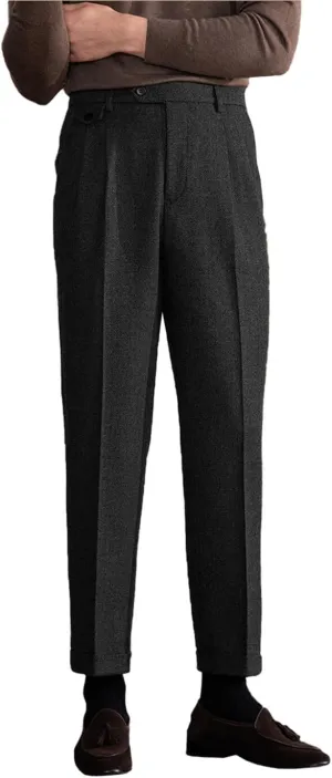 Men's Suit Tweed Pants Vintage Trousers Herringbone Tweed Blend Pleat-Front Dress Suit Pants
