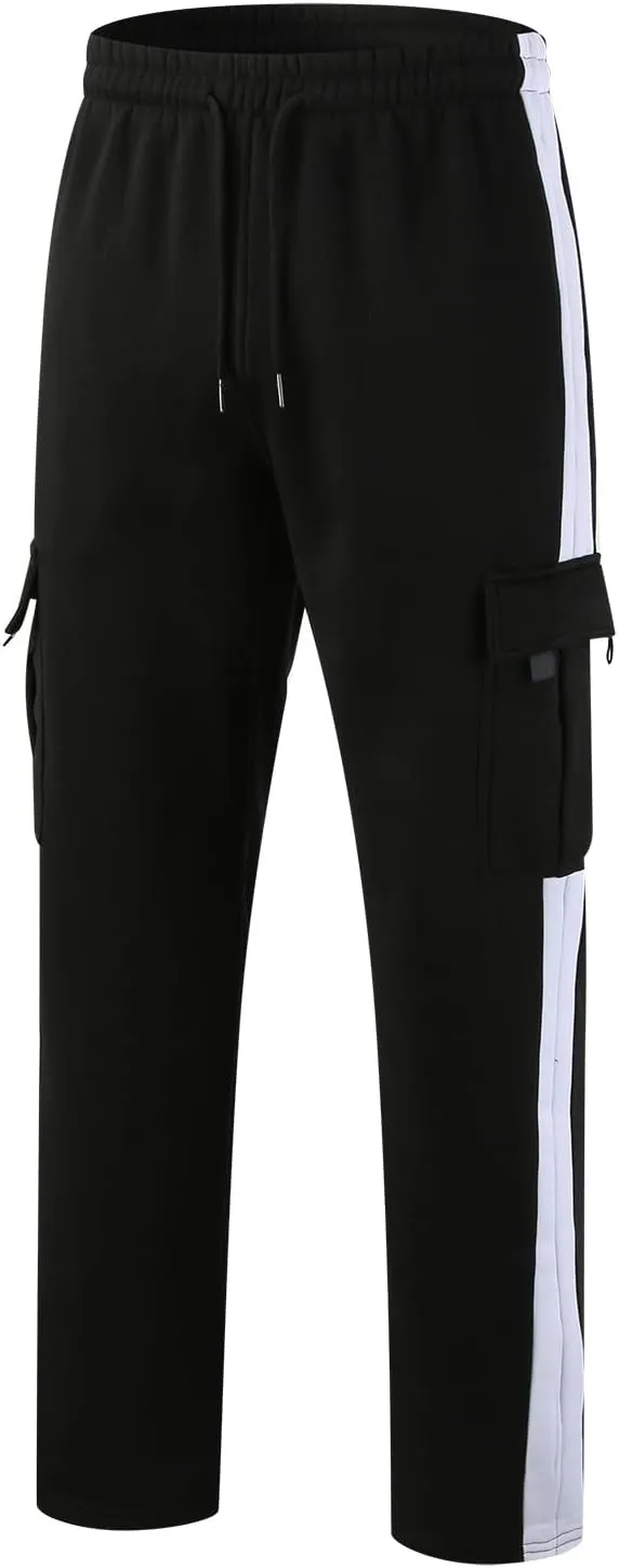 Men's Wide Leg Pants Cotton Wool Cargo Pants Lace up Elastic Waist Jogger Sport Casual Sweatpant Full Length Trouser