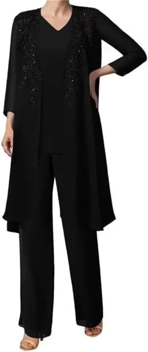 Mother of The Bride Lace Applique V Collar 3Pcs Women's Gentle Chiffon Pants Suits Wedding Party Outfit Evening Dress