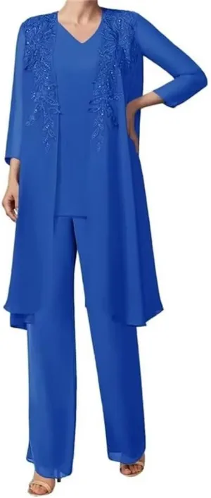 Mother of The Bride Lace Applique V Collar 3Pcs Women's Gentle Chiffon Pants Suits Wedding Party Outfit Evening Dress