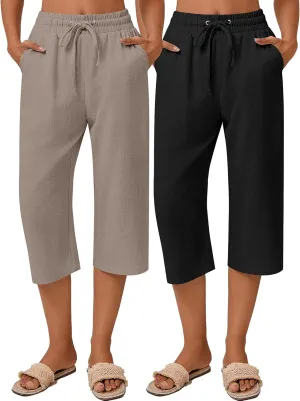 Neer 2 Pack Women's Linen Capri Pants Basics Wide Leg Casual Loose Drawstring Elasticated Beach Capris Pant with Pocket