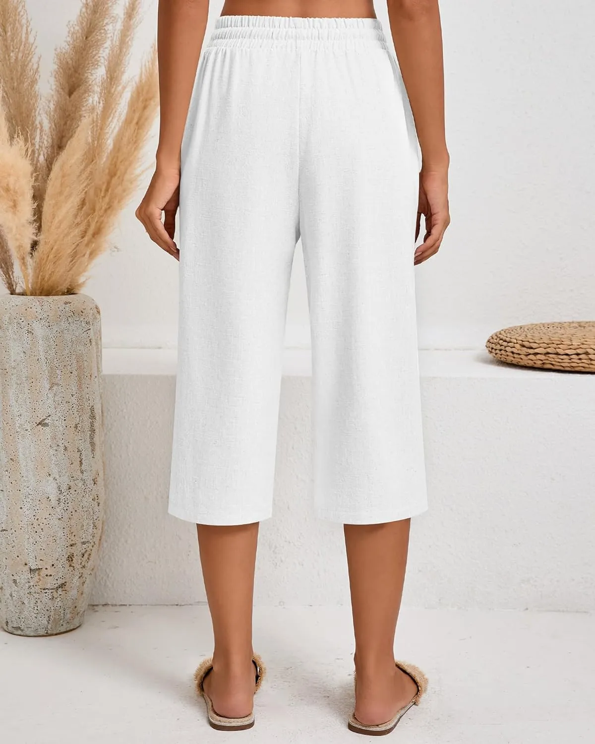 Neer 2 Pack Women's Linen Capri Pants Basics Wide Leg Casual Loose Drawstring Elasticated Beach Capris Pant with Pocket