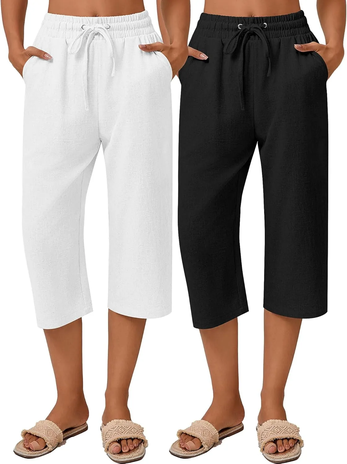 Neer 2 Pack Women's Linen Capri Pants Basics Wide Leg Casual Loose Drawstring Elasticated Beach Capris Pant with Pocket