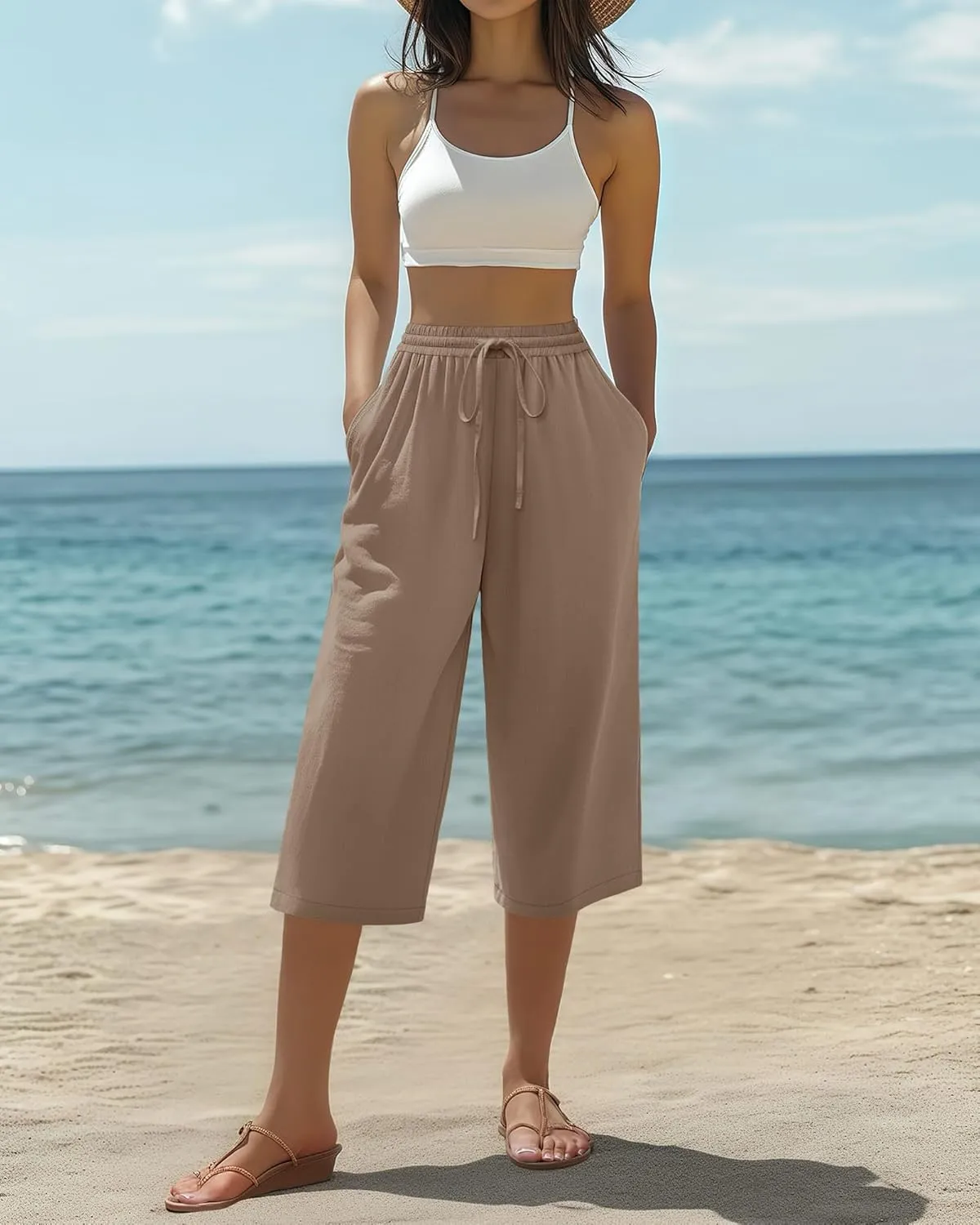 Neer 2 Pack Women's Linen Capris, Summer Drawstring Wide Leg Pants Casual High Waisted Palazzo Trousers with Pockets