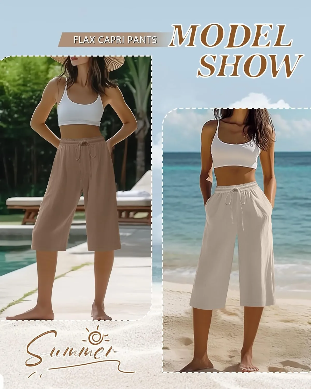 Neer 2 Pack Women's Linen Capris, Summer Drawstring Wide Leg Pants Casual High Waisted Palazzo Trousers with Pockets