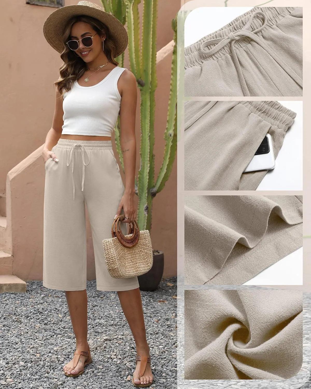 Neer 2 Pack Women's Linen Capris, Summer Drawstring Wide Leg Pants Casual High Waisted Palazzo Trousers with Pockets