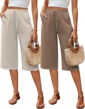 Neer 2 Pack Women's Linen Capris, Summer Drawstring Wide Leg Pants Casual High Waisted Palazzo Trousers with Pockets