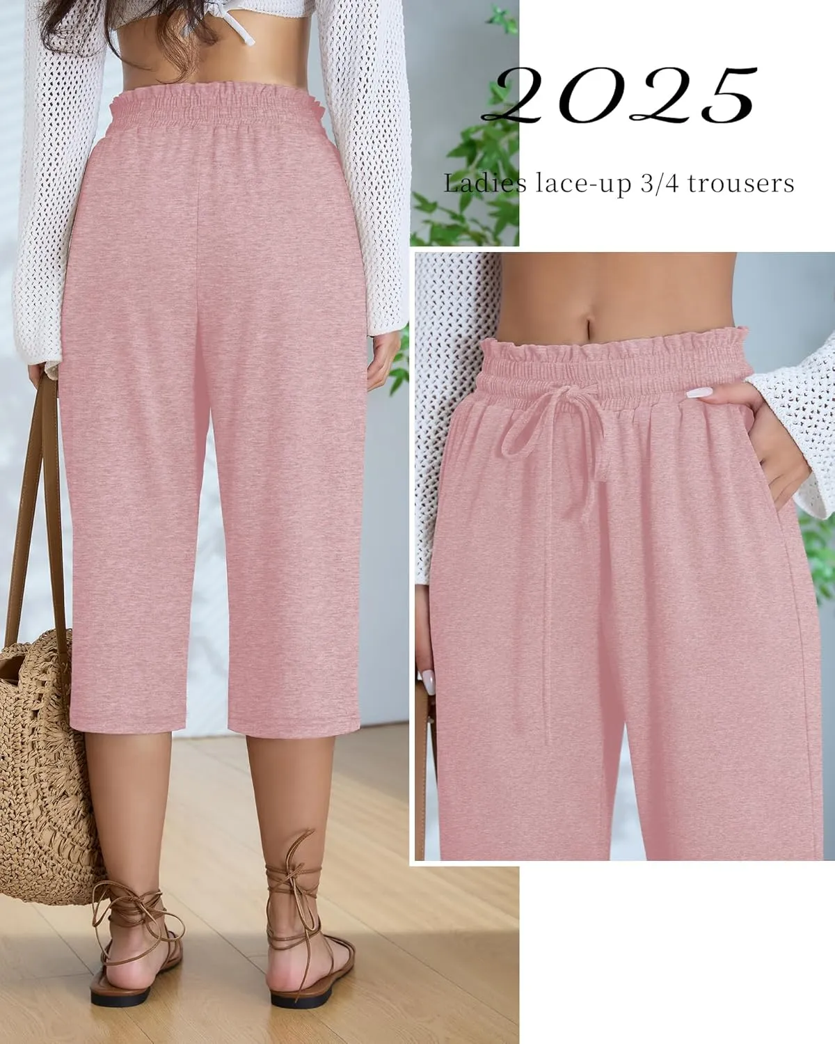 Neer 3 Pack Capri Pants for Women Cotton High Waisted Wide Leg Cropped Trousers Drawstring Ruffled Palazzo with Pockets