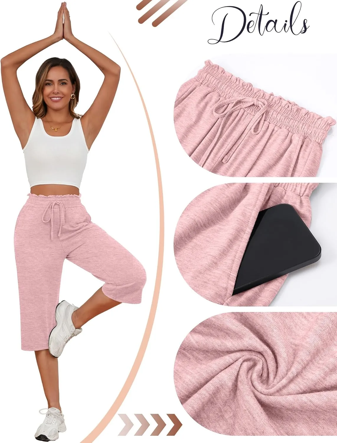 Neer 3 Pack Capri Pants for Women Cotton High Waisted Wide Leg Cropped Trousers Drawstring Ruffled Palazzo with Pockets