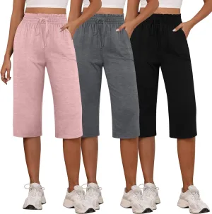 Neer 3 Pack Capri Pants for Women Cotton High Waisted Wide Leg Cropped Trousers Drawstring Ruffled Palazzo with Pockets