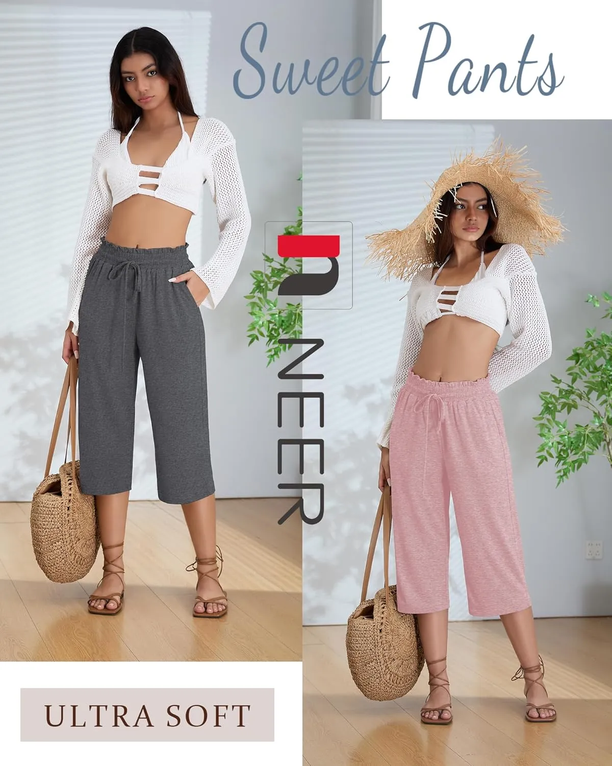 Neer 3 Pack Capri Pants for Women Cotton High Waisted Wide Leg Cropped Trousers Drawstring Ruffled Palazzo with Pockets