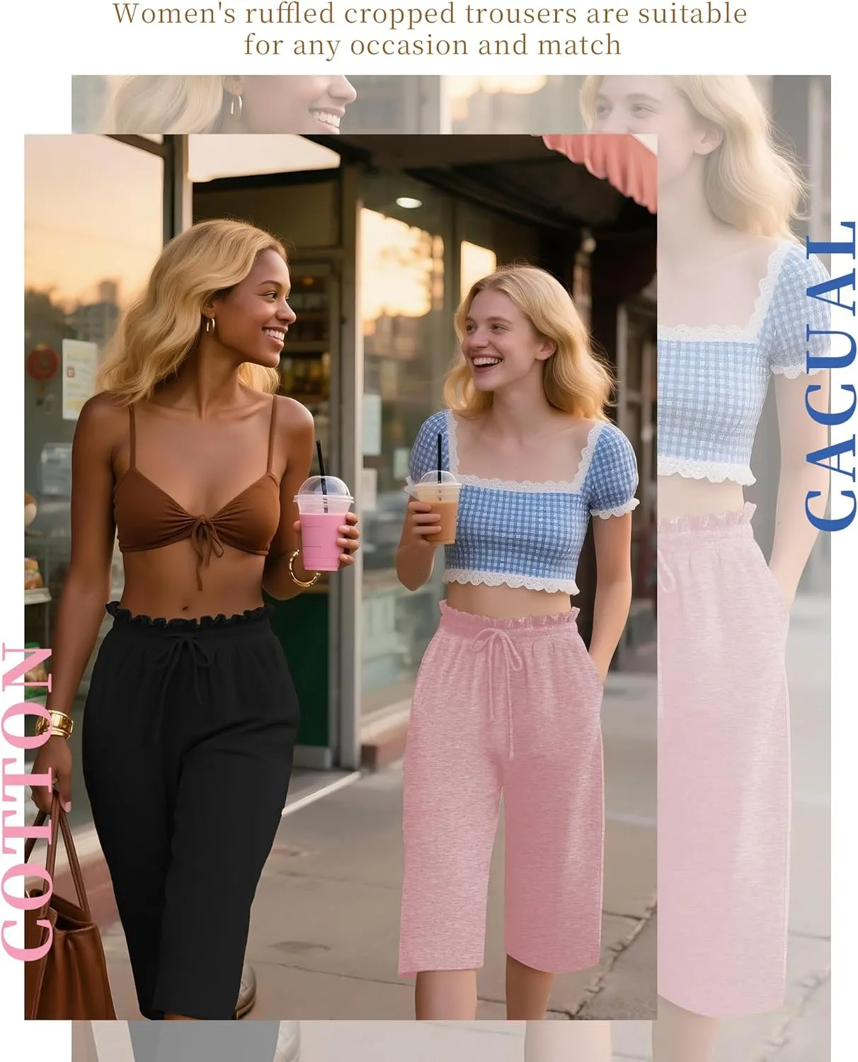 Neer 3 Pack Capri Pants for Women Cotton High Waisted Wide Leg Cropped Trousers Drawstring Ruffled Palazzo with Pockets