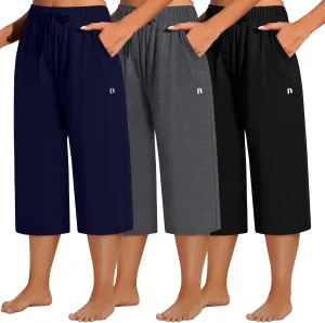 Neer 3 Pack Women's Plus Size Capris, Cotton Wide Leg Pants Casual Drawstring Capri Sweatpants Drawstring Pants with Pockets