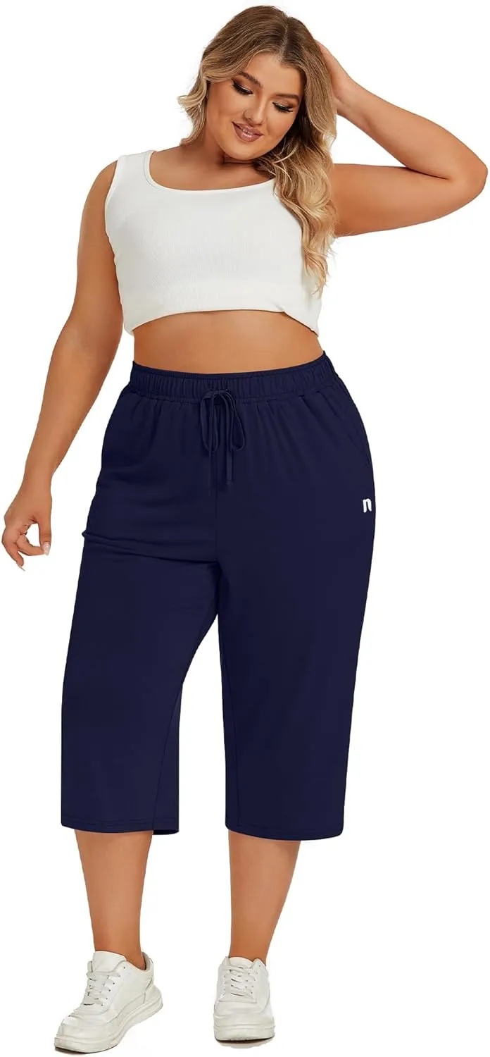 Neer 3 Pack Women's Plus Size Capris, Cotton Wide Leg Pants Casual Drawstring Capri Sweatpants Drawstring Pants with Pockets