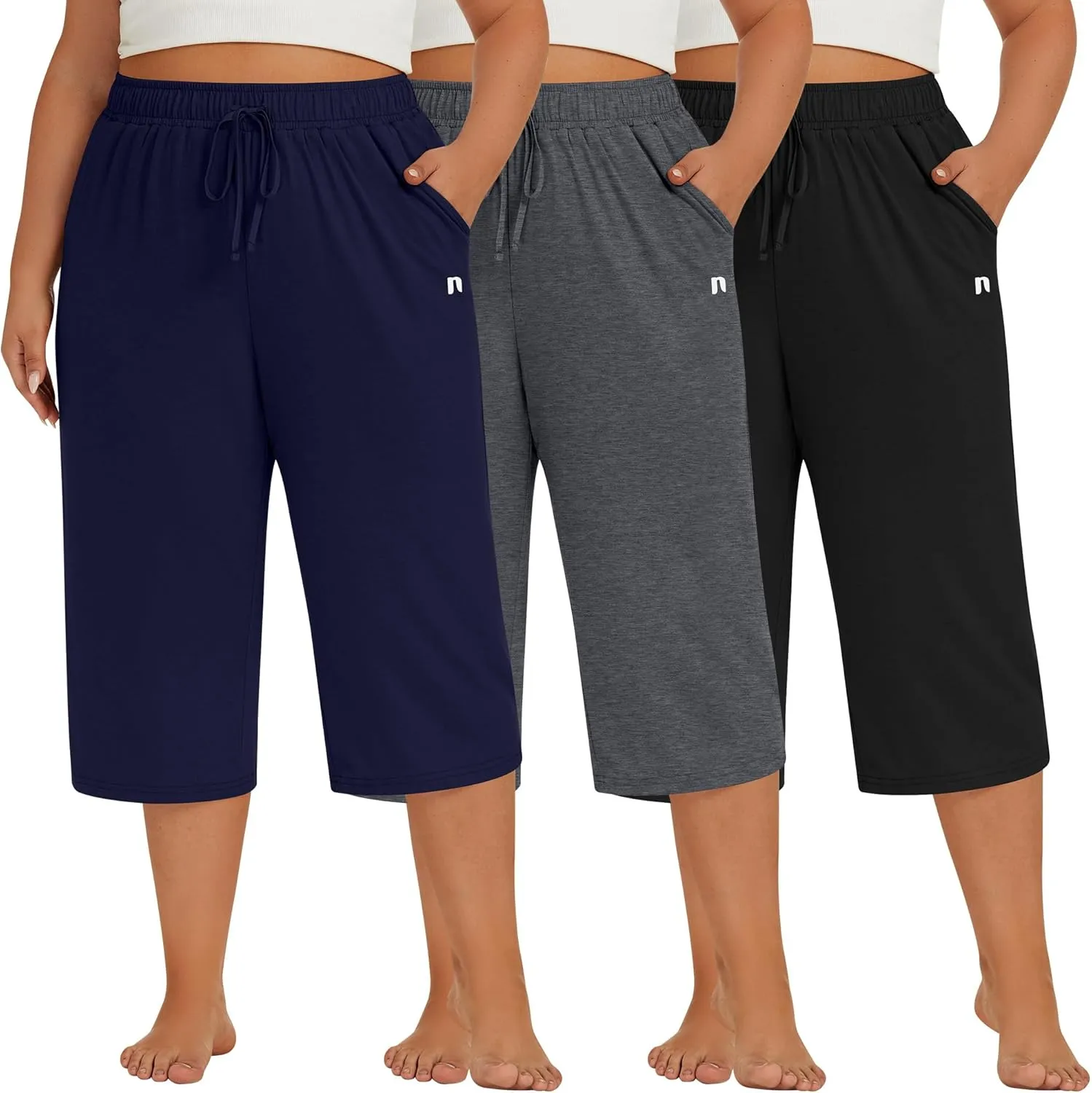 Neer 3 Pack Women's Plus Size Capris, Cotton Wide Leg Pants Casual Drawstring Capri Sweatpants Drawstring Pants with Pockets