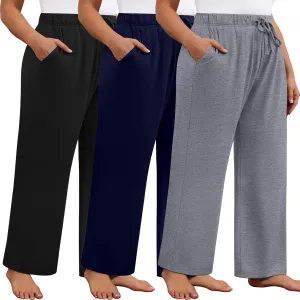 Neer 3 Pack Women's Plus Size Wide Leg Pants High Waisted Lounge Yoga Pants Baggy Drawstring Palazzo Sweatpants with Pockets
