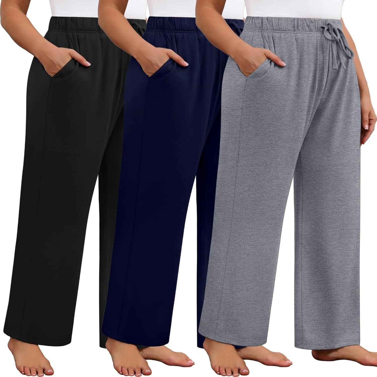 Neer 3 Pack Women's Plus Size Wide Leg Pants High Waisted Lounge Yoga Pants Baggy Drawstring Palazzo Sweatpants with Pockets