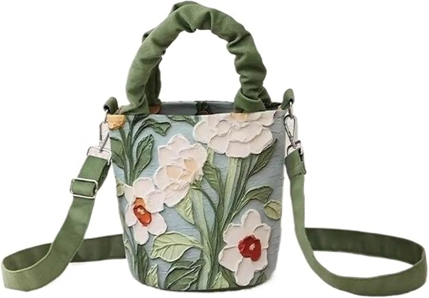 Oil painting, flower crossbody, pleated illustration, artistic hand carrying bucket bag