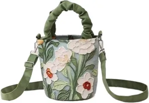 Oil painting, flower crossbody, pleated illustration, artistic hand carrying bucket bag
