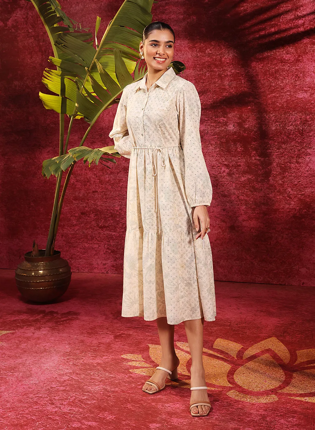 Pakeezah Cream with Green Embroidered Schiffli Indo-western Dress