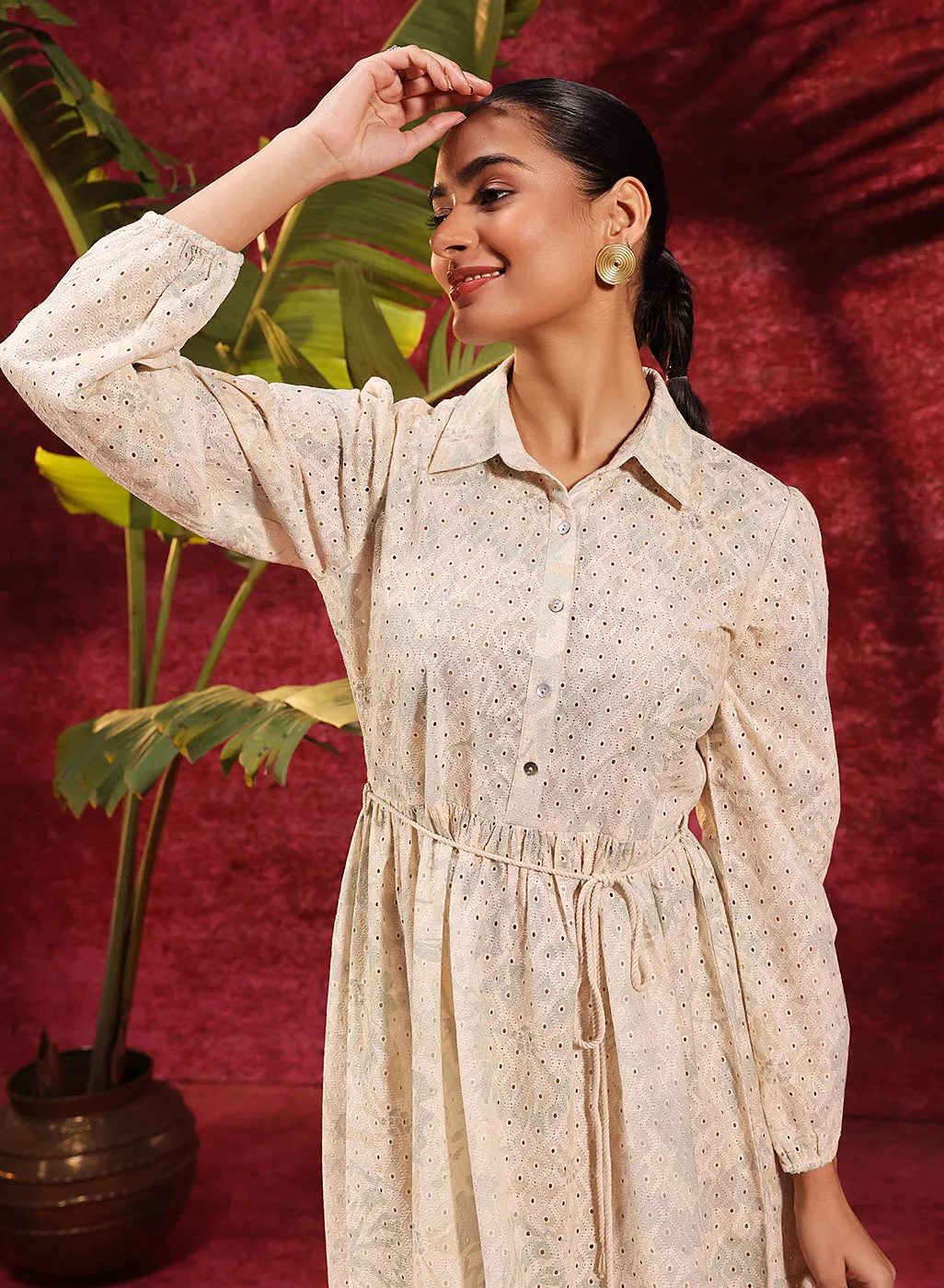 Pakeezah Cream with Green Embroidered Schiffli Indo-western Dress