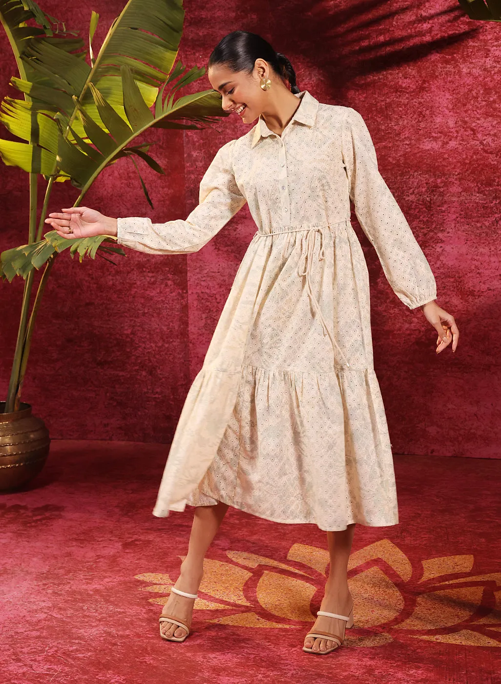 Pakeezah Cream with Green Embroidered Schiffli Indo-western Dress