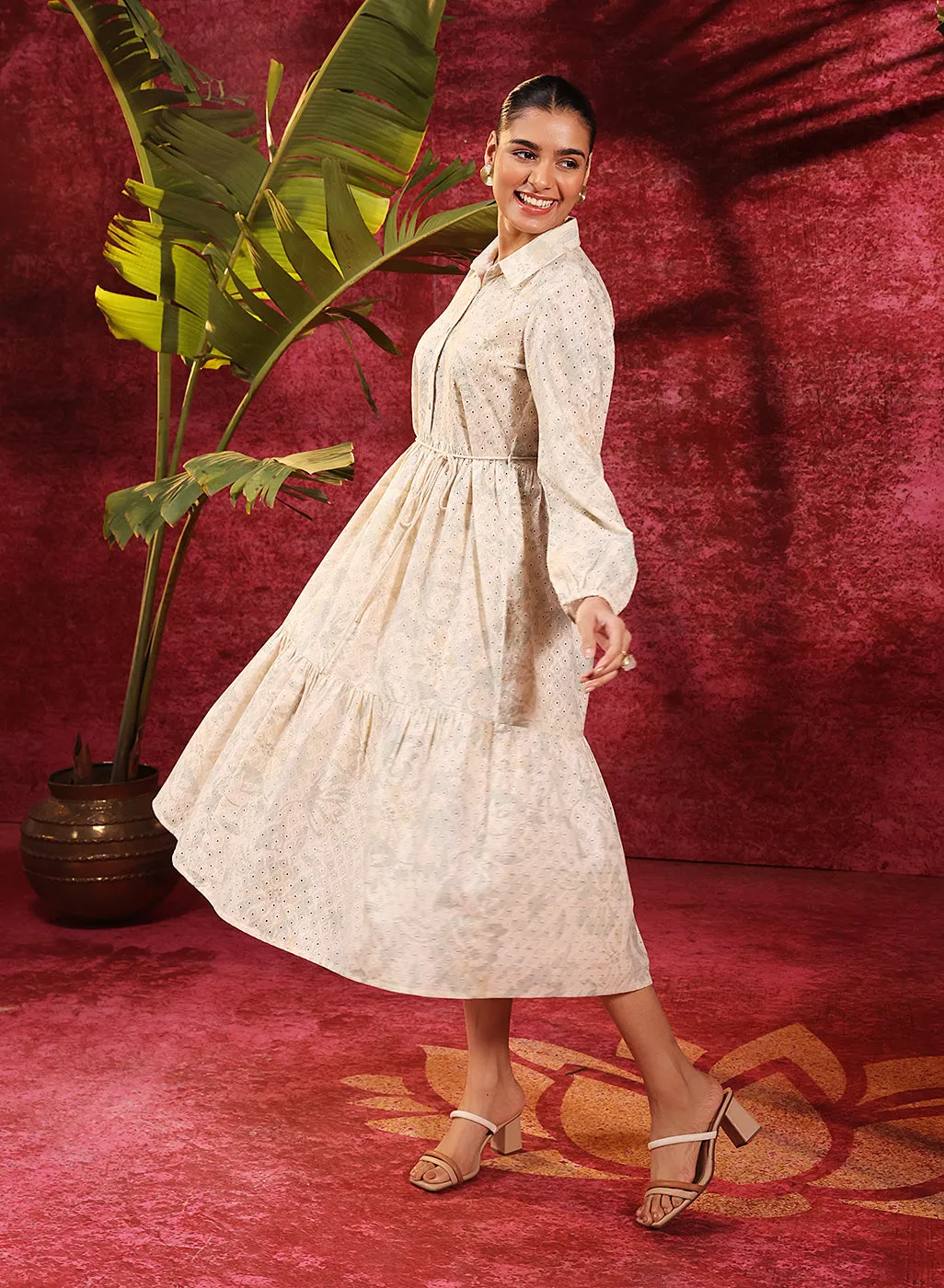 Pakeezah Cream with Green Embroidered Schiffli Indo-western Dress