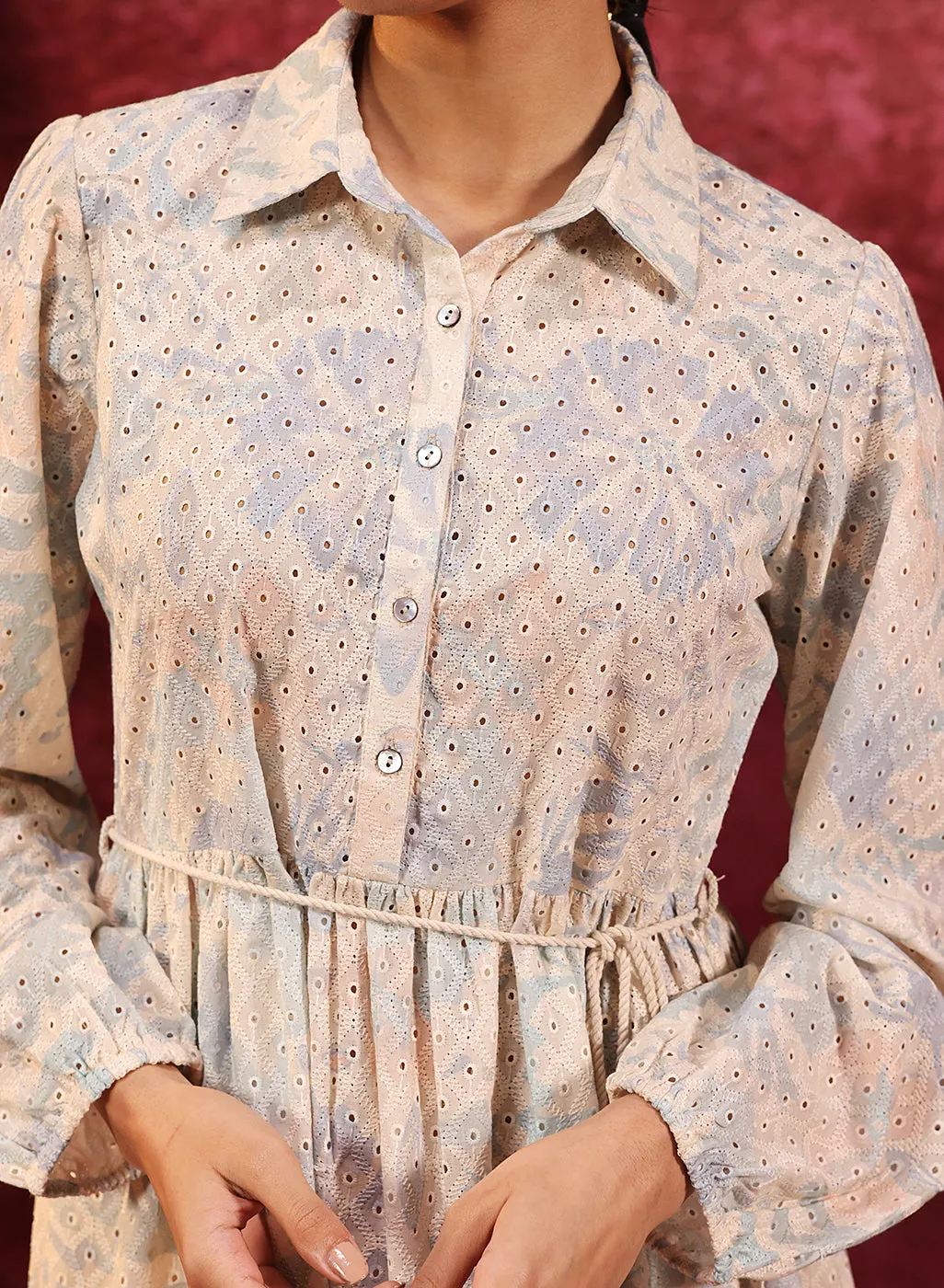 Pakeezah Cream with Smoky Blue  Embroidered Schiffli Indo-western Dress