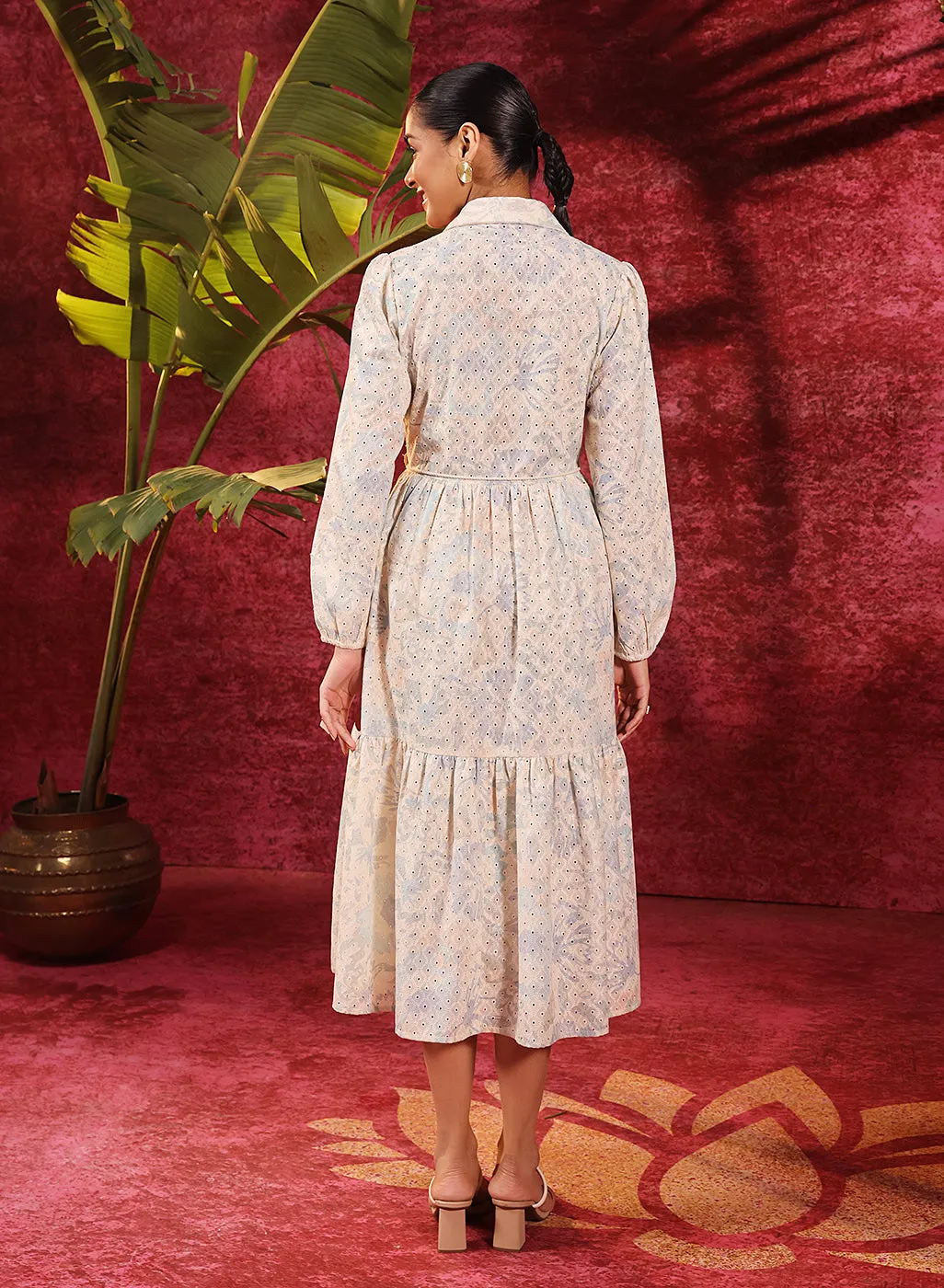 Pakeezah Cream with Smoky Blue  Embroidered Schiffli Indo-western Dress