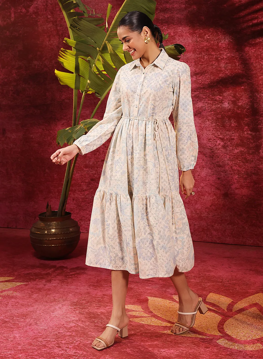 Pakeezah Cream with Smoky Blue  Embroidered Schiffli Indo-western Dress