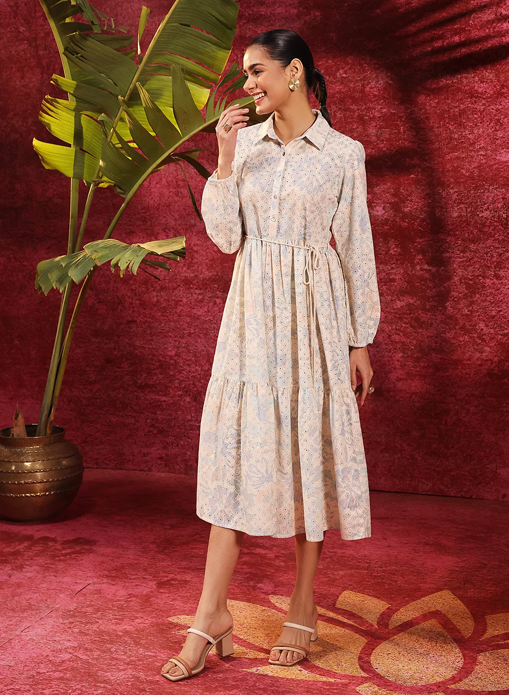 Pakeezah Cream with Smoky Blue  Embroidered Schiffli Indo-western Dress