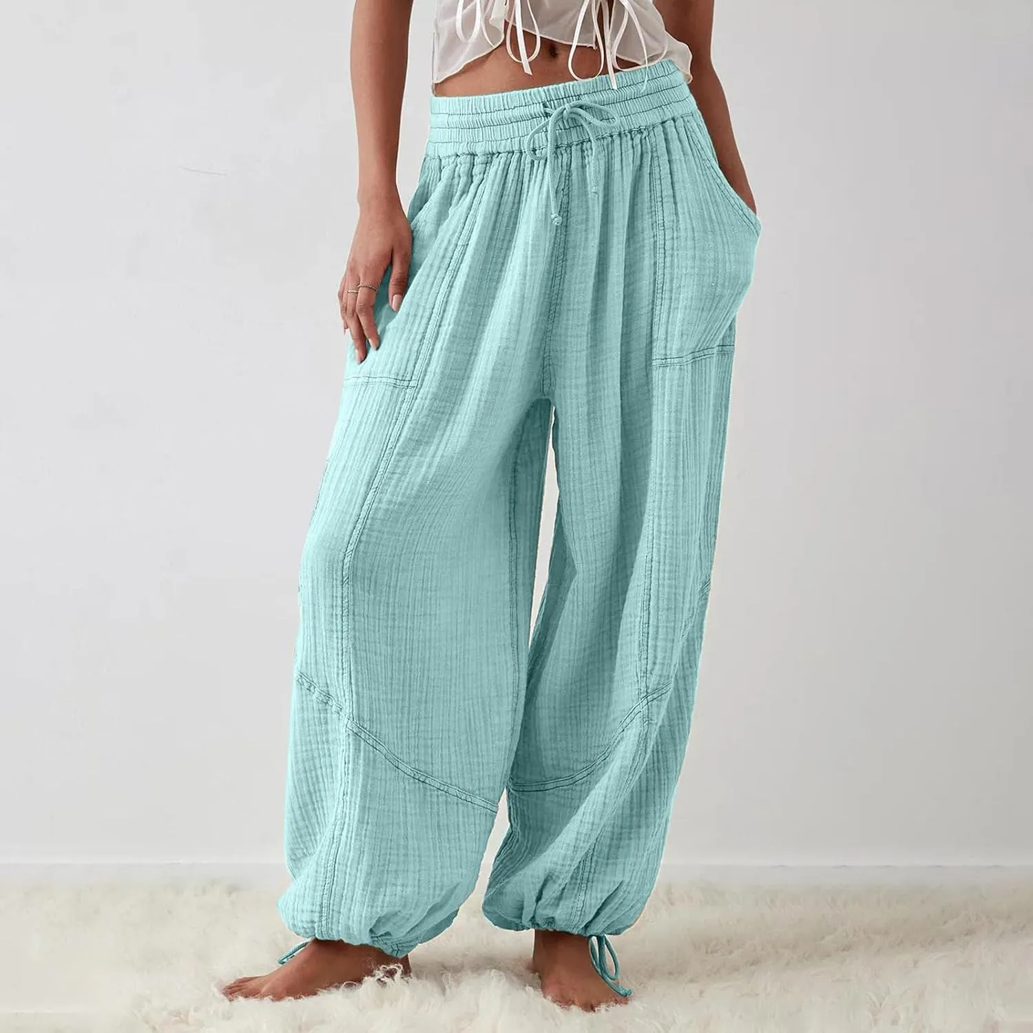 Pants for Women Elastic Waist Straight Leg Baggy Beach Trousers Casual High Waist Drawstring Sweatpants with Pockets