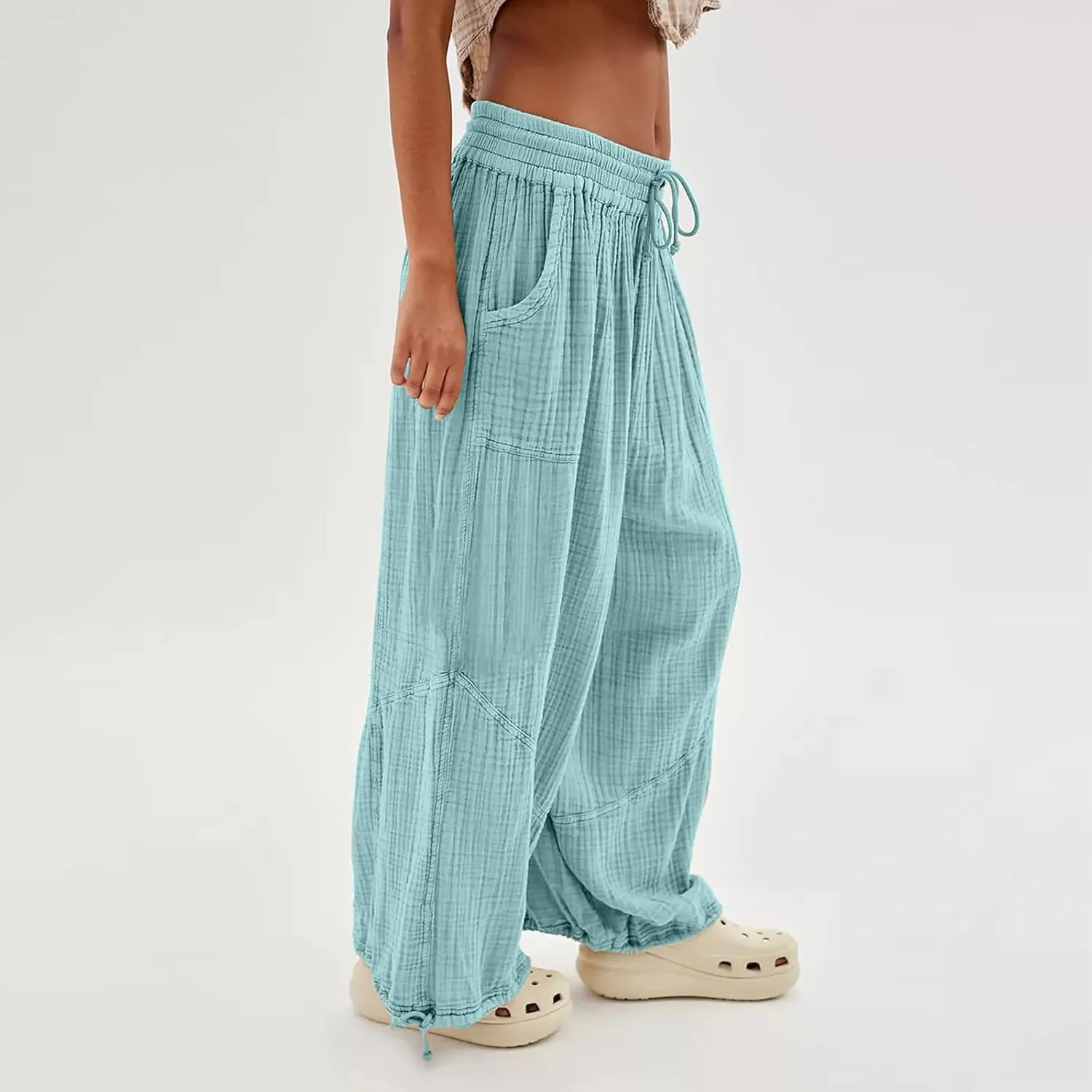 Pants for Women Elastic Waist Straight Leg Baggy Beach Trousers Casual High Waist Drawstring Sweatpants with Pockets