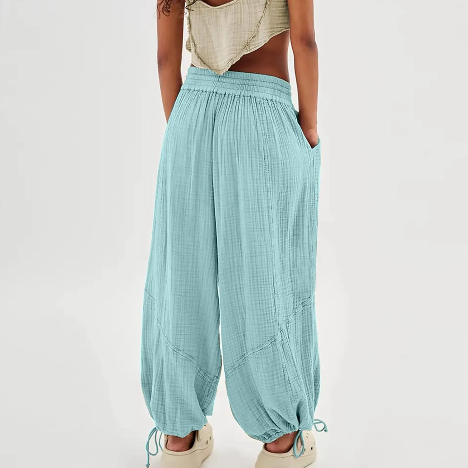 Pants for Women Elastic Waist Straight Leg Baggy Beach Trousers Casual High Waist Drawstring Sweatpants with Pockets