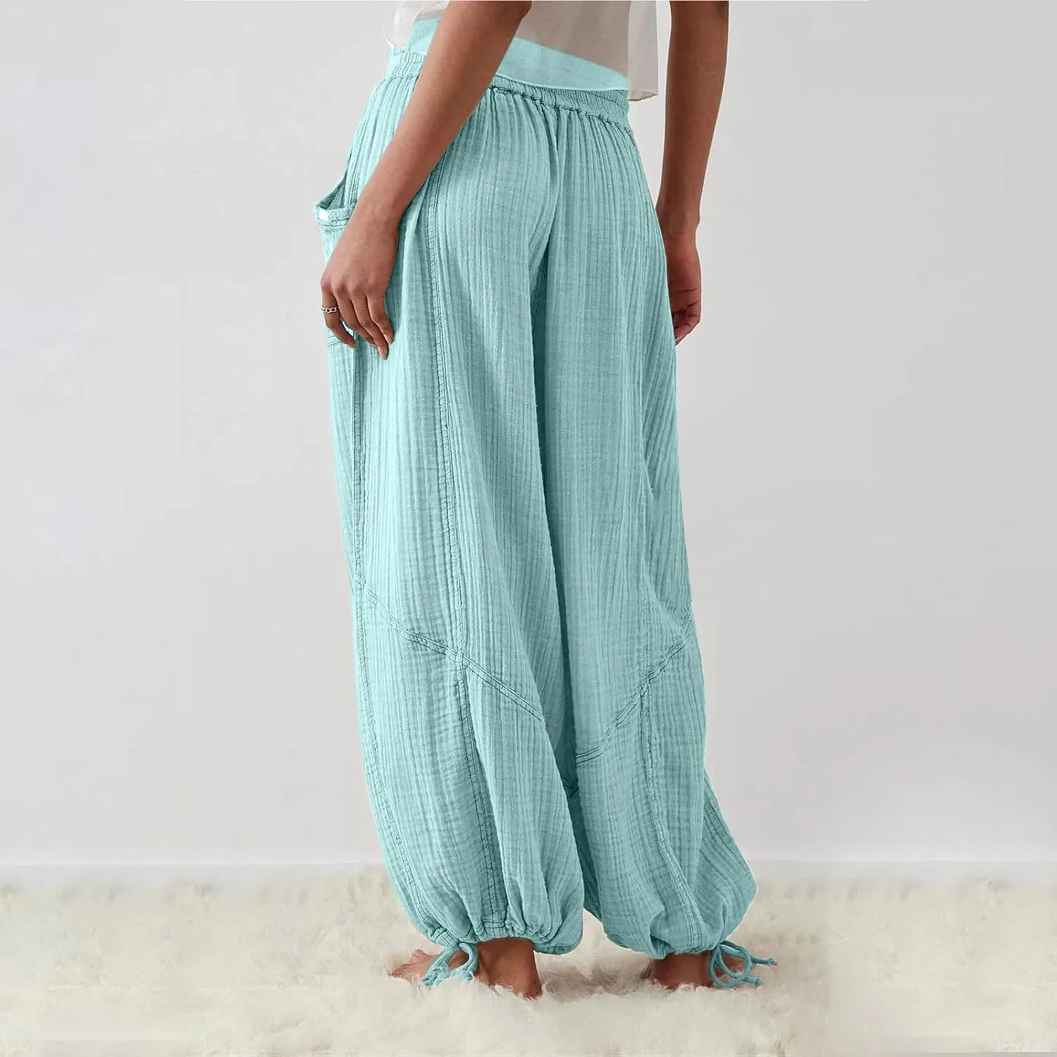 Pants for Women Elastic Waist Straight Leg Baggy Beach Trousers Casual High Waist Drawstring Sweatpants with Pockets
