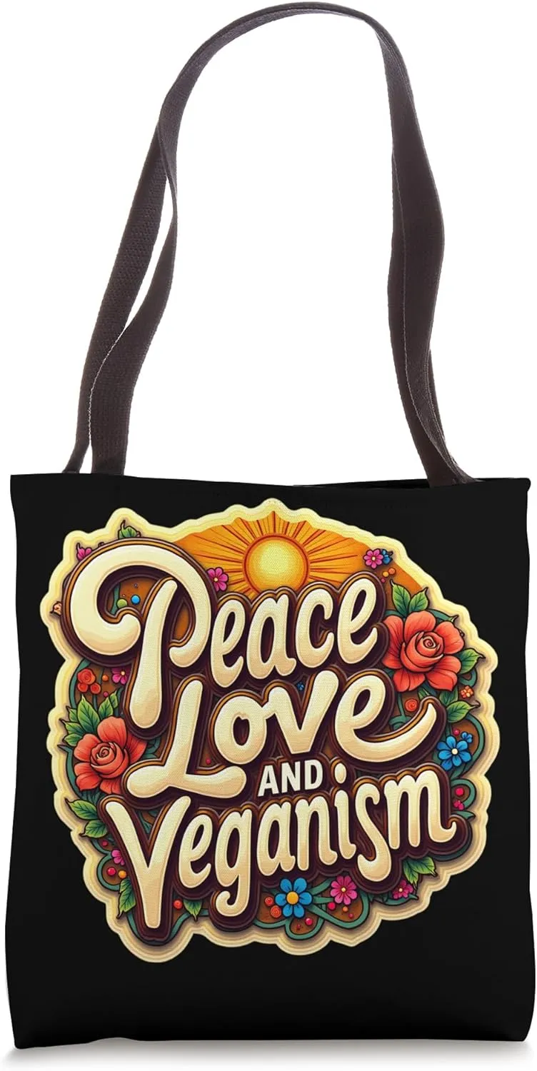 Peace Love And Veganism Vegan Retro Vintage Hippy Artistic Tote Bag