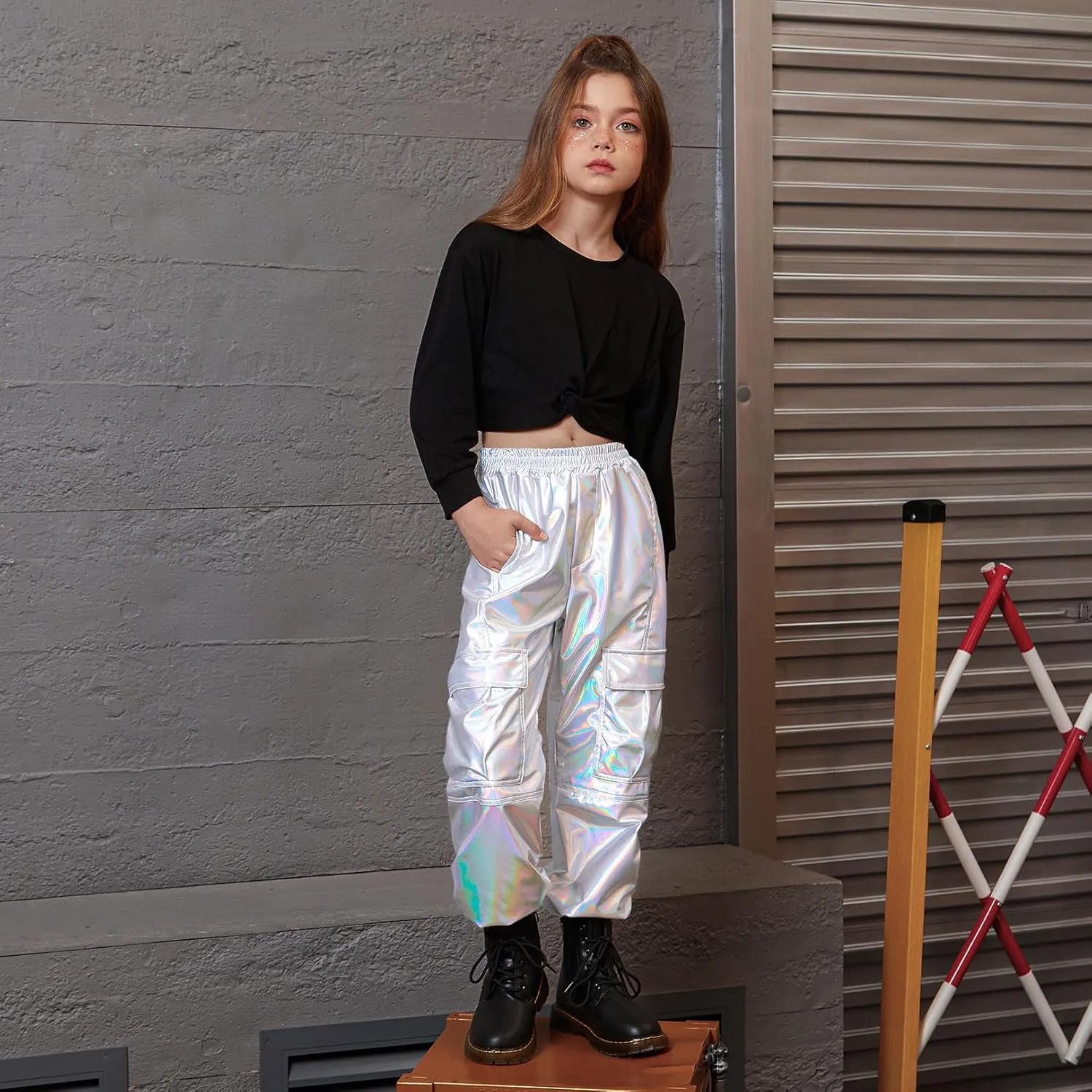 Perfashion Metallic Cargo Pants for Girls Hip Hop Dance Multi-Pocket Joggers High Waist Pants 6-15Y