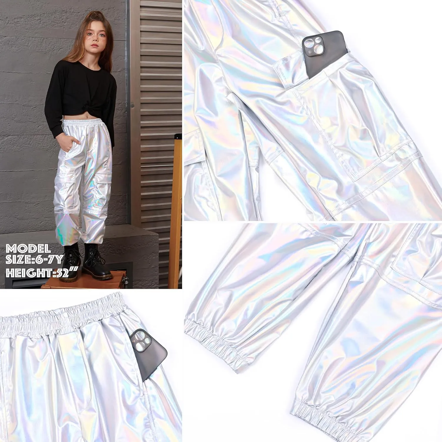 Perfashion Metallic Cargo Pants for Girls Hip Hop Dance Multi-Pocket Joggers High Waist Pants 6-15Y