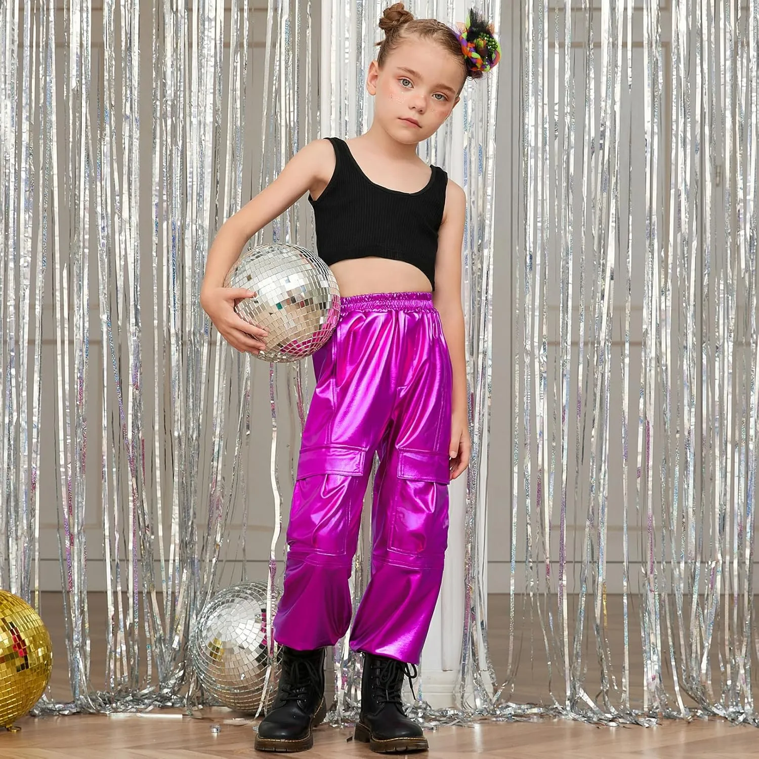 Perfashion Metallic Cargo Pants for Girls Hip Hop Dance Multi-Pocket Joggers High Waist Pants 6-15Y